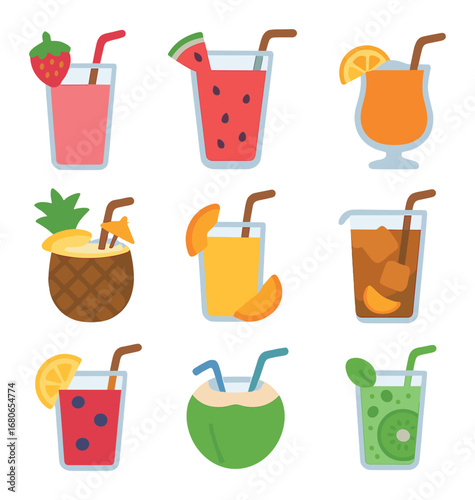 Summer Fruit Drink Icons. Flat icon set of summer fruit drinks: strawberry smoothie, watermelon juice, orange