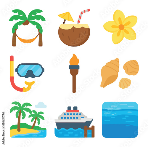Caribbean Cruise Icons. Flat icon set of Caribbean luxury cruise: beach hammock, coconut drink, tropical