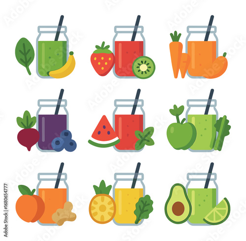 Seasonal Smoothie Icons. Flat icon set of seasonal smoothies: spinach banana, strawberry kiwi, mango carrot,