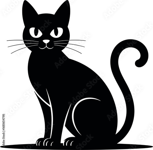 Sleek black cat with striking yellow eyes sits elegantly against a white background