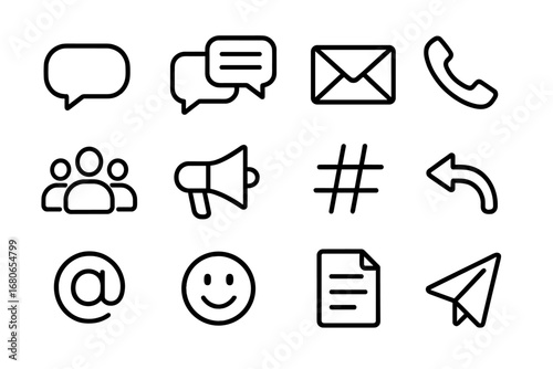 Workplace Communication Icons. Outline icon set of workplace communication: chat bubble, message thread, email