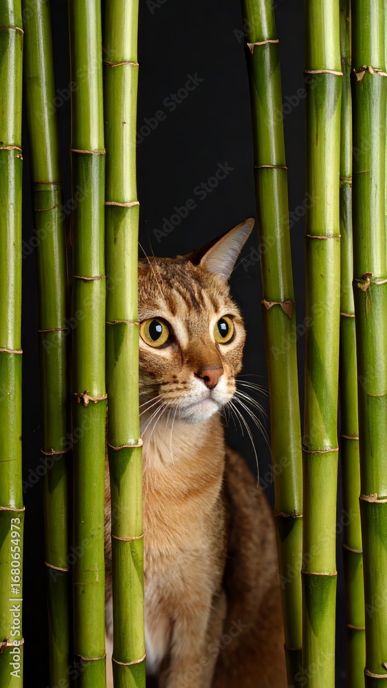 Fototapeta premium A curious cat peeking through bamboo stalks, showcasing nature and feline wonder in a scene