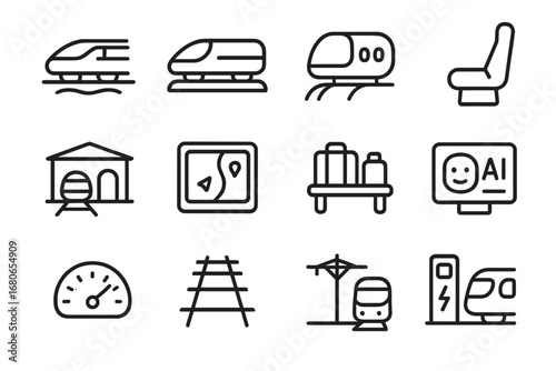 Futuristic Train Icons. Outline icon set of futuristic trains: magnetic rail, bullet train, capsule pod,