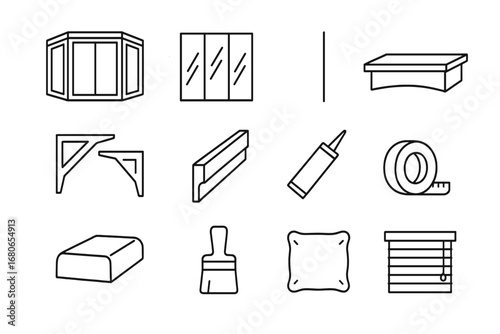 Bay Window Icons. Outline icon set of bay window projects: bay window frame, glass panels, mullion, seat board