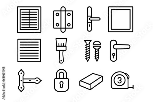 Window Shutter Icons. Outline icon set of window shutters: louvered shutter, hinge, latch, frame, slats,