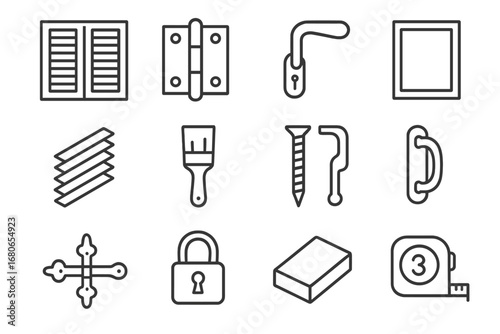 Window Shutter Icons. Outline icon set of window shutters: louvered shutter, hinge, latch, frame, slats,