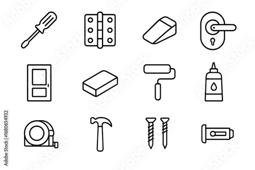 Door Repair Icons. Outline icon set of door repair: screwdriver, hinge pin, doorstop, lockset, door panel,