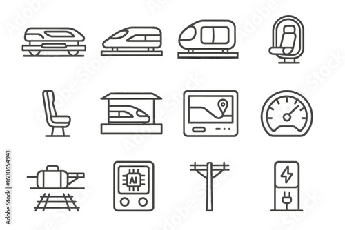 Futuristic Train Icons. Outline icon set of futuristic trains: magnetic rail, bullet train, capsule pod,