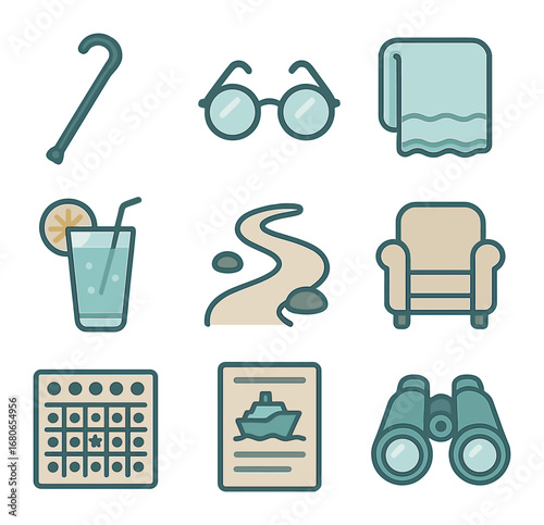 Seniors' Sea Getaway Icons. Flat icon set of luxury sea getaways for seniors: walking stick, reading glasses,