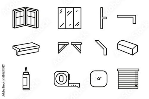 Bay Window Icons. Outline icon set of bay window projects: bay window frame, glass panels, mullion, seat board