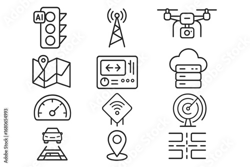 Futuristic Traffic Icons. Outline icon set of futuristic traffic management: AI traffic light, signal tower,