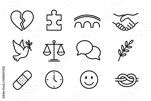 Conflict Resolution Icons. Outline icon set of resolving conflict in love: broken heart, puzzle piece, bridge,