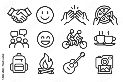 Friendship Icon Collection. Outline icon set of friendship love: handshake, smiley face, high-five, shared