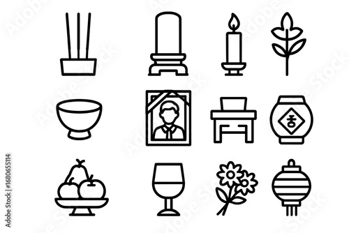 Ancestral Worship Icons. Outline icon set of ancestral worship: incense sticks, ancestor tablet, candle,