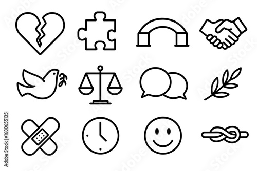 Conflict Resolution Icons. Outline icon set of resolving conflict in love: broken heart, puzzle piece, bridge,