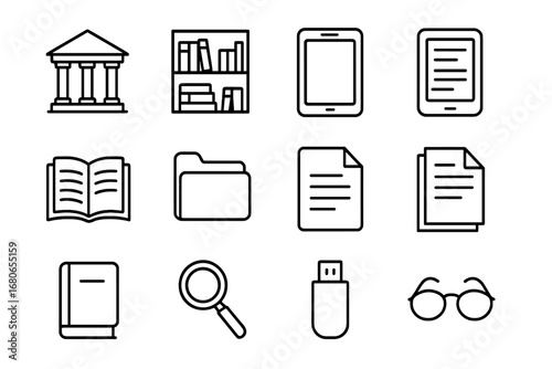 Study Resources Icons. Outline icon set of study resources: library, bookshelf, digital tablet, e-reader, open