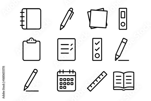 Note-Taking Icons Grid. Outline icon set of note-taking: notebook, pen, sticky notes, clipboard, checklist,