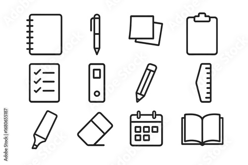Note-Taking Icons Grid. Outline icon set of note-taking: notebook, pen, sticky notes, clipboard, checklist,