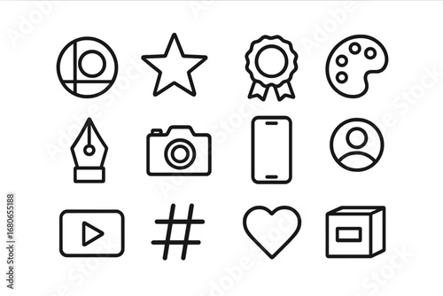 Influencer Branding Icons. Outline icon set of influencer branding: logo, star, ribbon, palette, pen, camera,