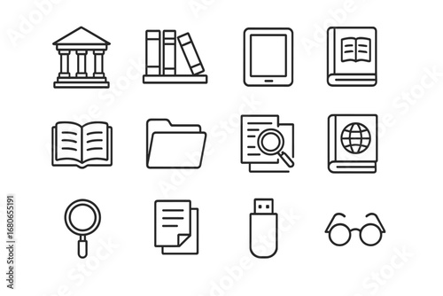 Study Resources Icons. Outline icon set of study resources: library, bookshelf, digital tablet, e-reader, open