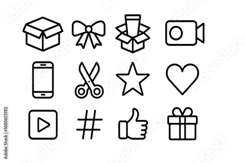 Unboxing Icons Grid. Outline icon set of unboxing videos: box, ribbon, product, camera, smartphone, scissors,