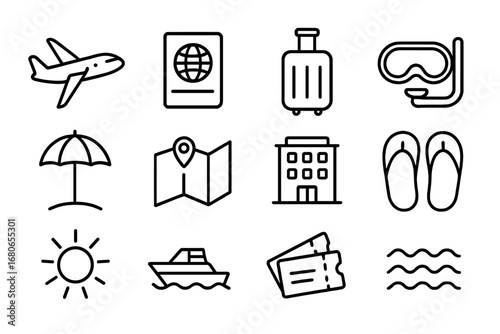 Dive Travel Icons. Outline icon set of dive travel: airplane, passport, suitcase, diving mask, beach umbrella,