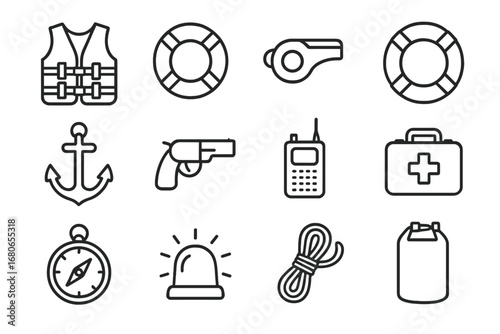 Marine Safety Icons. Outline icon set of marine safety: life jacket, buoy, whistle, lifebuoy, anchor, flare