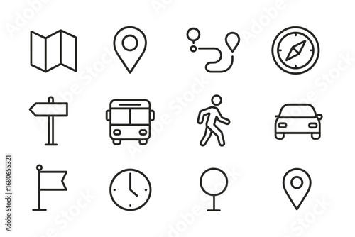 Map Route Icon Set. Outline icon set of map route with stops: folded map, location pin, route line, stop