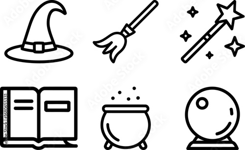 Magical symbols for Halloween and fantasy, including a witch hat, broom, wand, spellbook, cauldron, and crystal ball.