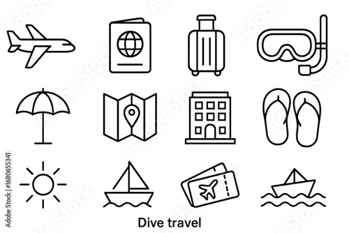 Dive Travel Icons. Outline icon set of dive travel: airplane, passport, suitcase, diving mask, beach umbrella,