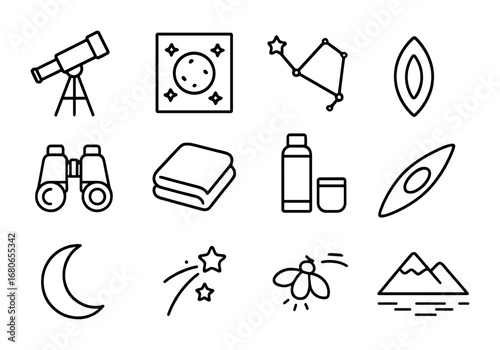 Stargazing Icon Set. Outline icon set of stargazing by the water: telescope, star map, constellations,