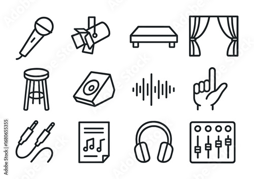 Stage Prep Icons. Outline icon set of stage preparation: microphone, spotlight, stage, curtain, stool, monitor