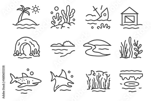 Diving Destinations Icons. Outline icon set of diving destinations: tropical island, coral reef, shipwreck,