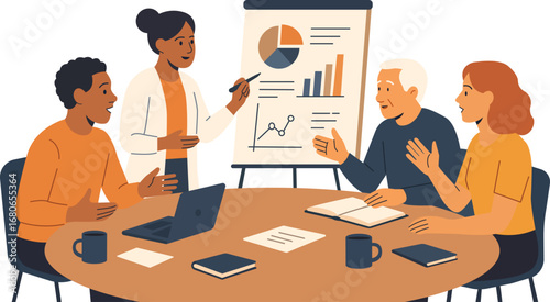 Flat vector illustration of colleagues discussing charts during a business meeting. Team presentation with graphs, reports, and planning in office.