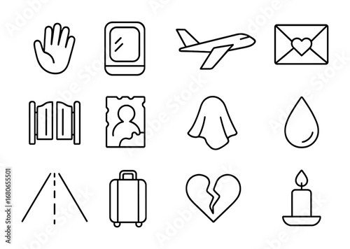 Farewell Icons Collection. Outline icon set of farewell: waving hand, train window, airplane wings, goodbye