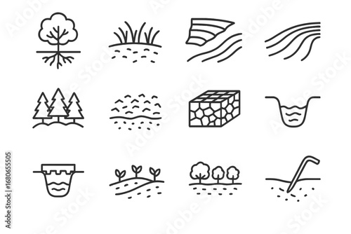 Soil Erosion Prevention Icons. Outline icon set of soil erosion prevention: tree roots, grass cover, terrace