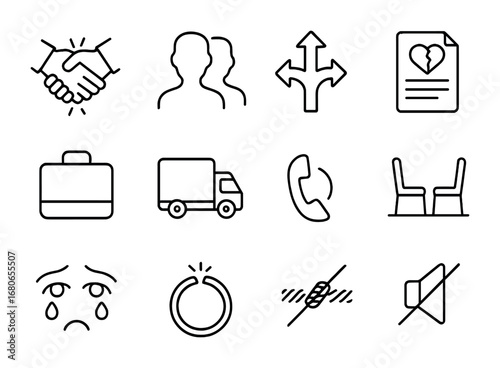 Relationship Icons Grid. Outline icon set of ending relationships: handshake breaking, fading silhouettes,