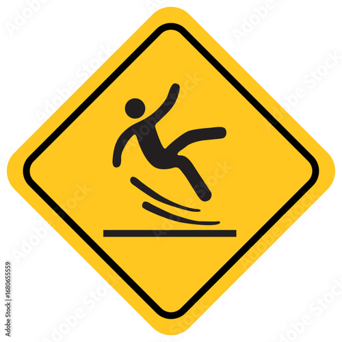 slippery warning sign, Yellow warning sign showing person slipping, simple flat design symbol for safety hazard and caution
