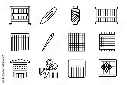 Weaving Tools Icons. Outline icon set of weaving: loom frame, shuttle, yarn spool, heddle, reed, tapestry