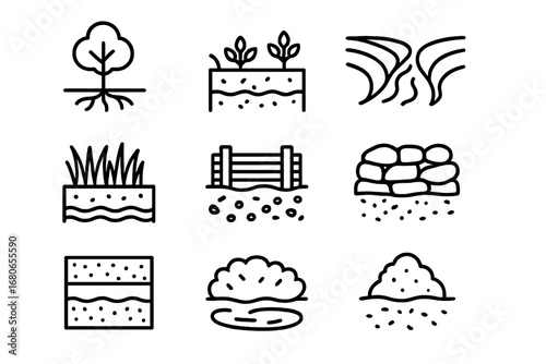 Soil Conservation Icons. Outline icon set of soil conservation: tree roots, cover crop, contour plowing, water