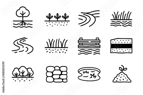Soil Conservation Icons. Outline icon set of soil conservation: tree roots, cover crop, contour plowing, water