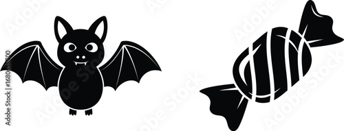 Cute cartoon bat and wrapped candy for halloween celebration, trick-or-treating, party decoration and design