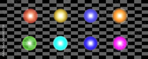 Colorful,glossy,3D spheres displayed in two rows over a transparent grid surface shiny reflective round objects in multiple vibrant colors used for abstract digital art modern creative design