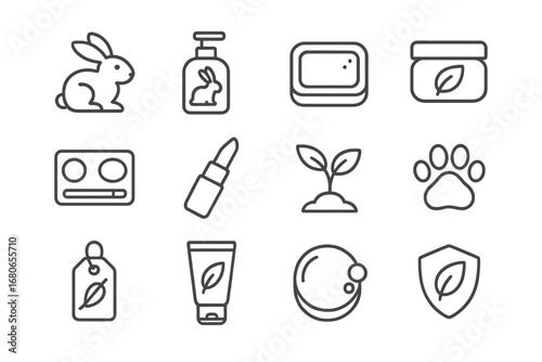 Cruelty-Free Icon Set. Outline icon set of cruelty-free products: rabbit icon, cruelty-free bottle, natural