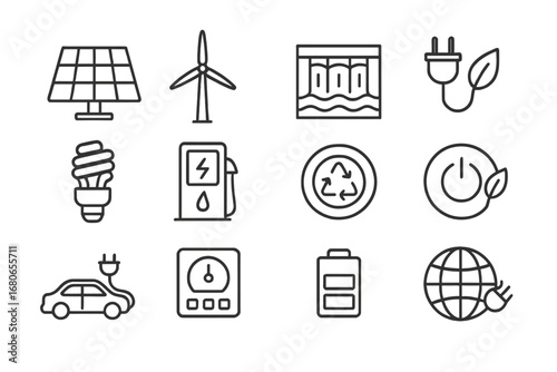 Green Energy Icons. Outline icon set of green energy products: solar panel, wind turbine, hydro dam, eco plug,
