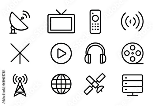 Satellite TV Icons. Outline icon set of satellite TV: satellite dish, television, remote control, signal waves