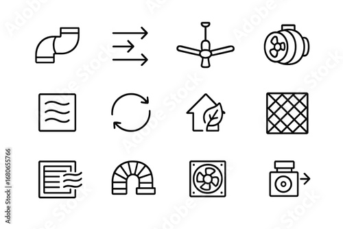 Airflow Systems Icons. Outline icon set of airflow systems: duct pipe, airflow arrows, ceiling fan, inline fan