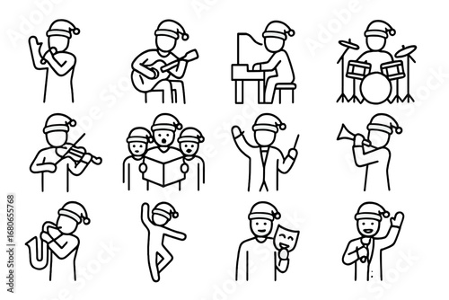Holiday Concert Icons. Outline icon set of holiday concert performers: singer, guitarist, pianist, drummer,