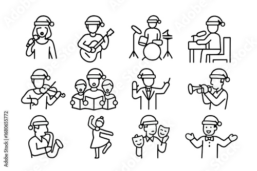 Holiday Concert Icons. Outline icon set of holiday concert performers: singer, guitarist, pianist, drummer,