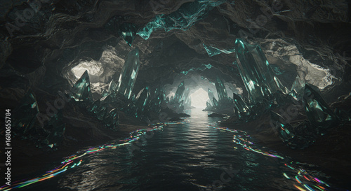 glowing crystal cave with flowing water
